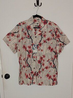 NWT Yiume Men's Short Sleeve Red/Black Floral Cotton Shirt Size L